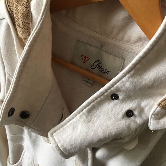 Women's GUESS Jacket Small Tan Beige Hooded Coat Fall Preppy Minimal 2013 Unique - Picture 6 of 7